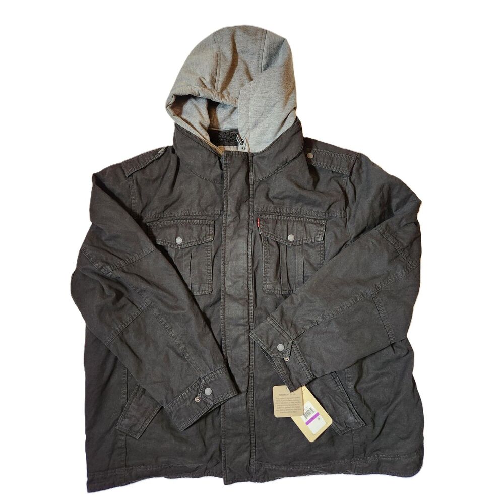 Levi’s Washed Cotton Hooded Military Jacket Men’s 2XL Black Sherpa‑Lined
